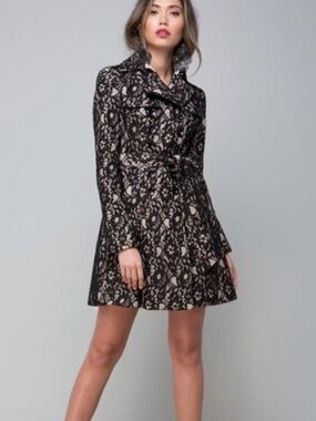 BEBE Black Lace-Overlay Fit & Flare Trench Coat
